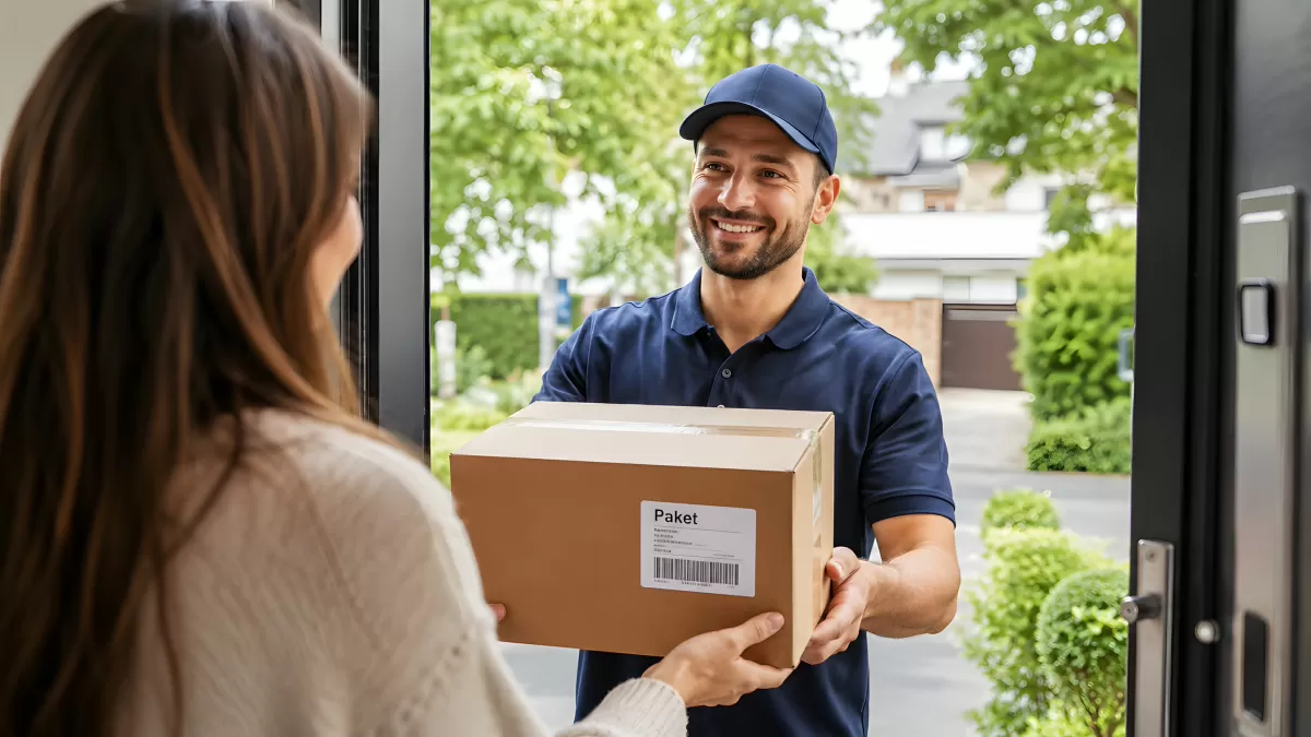 Paketbote übergibt Karton an Frau an der Haustür