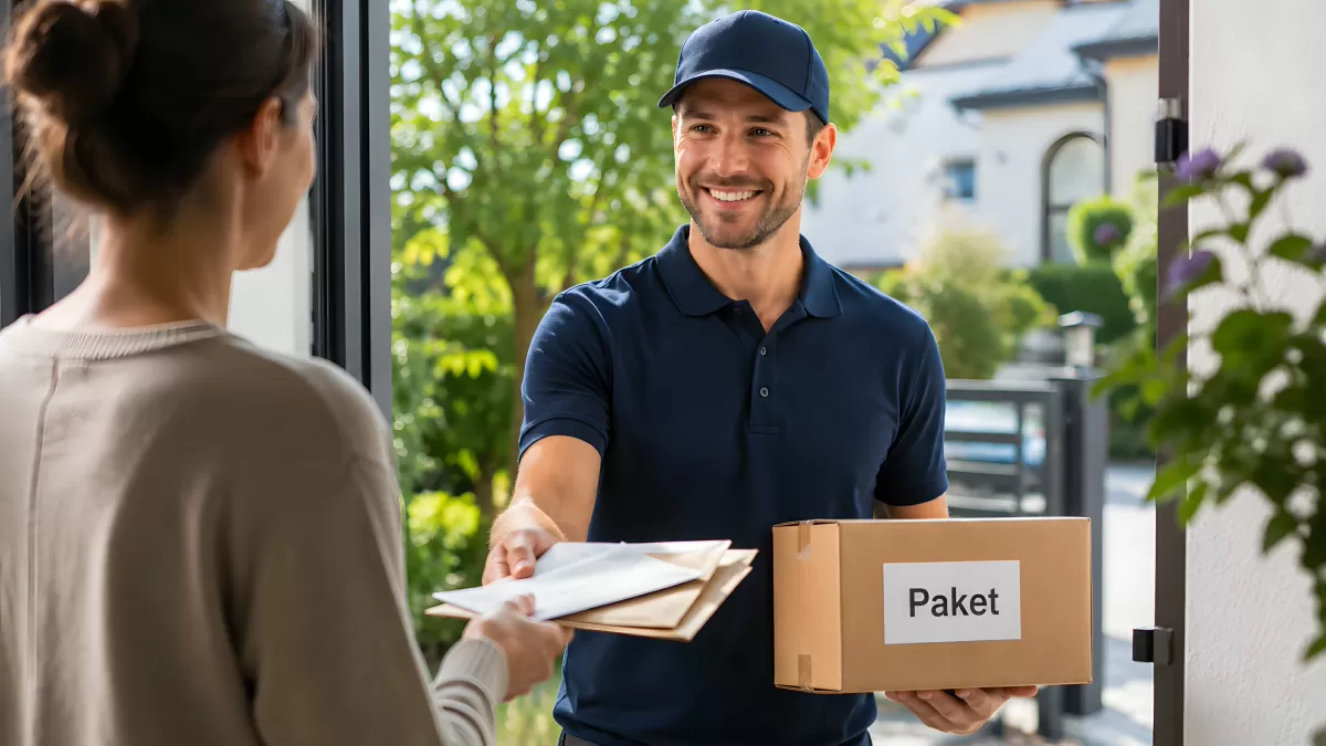 Paketbote übergibt Sendung an Frau an der Haustür