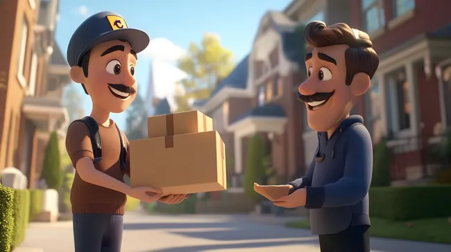 Paketbote überreicht lächelnd Sendung in Wohngegend