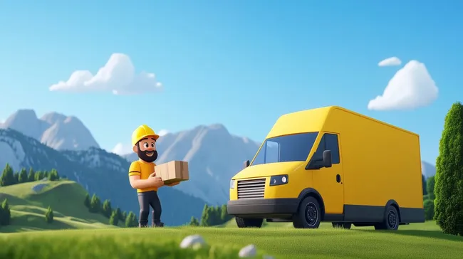 Paketzusteller in idyllischer Berglandschaft