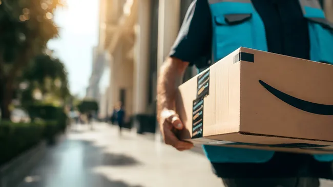 Paketzusteller trägt Paket in der Stadt