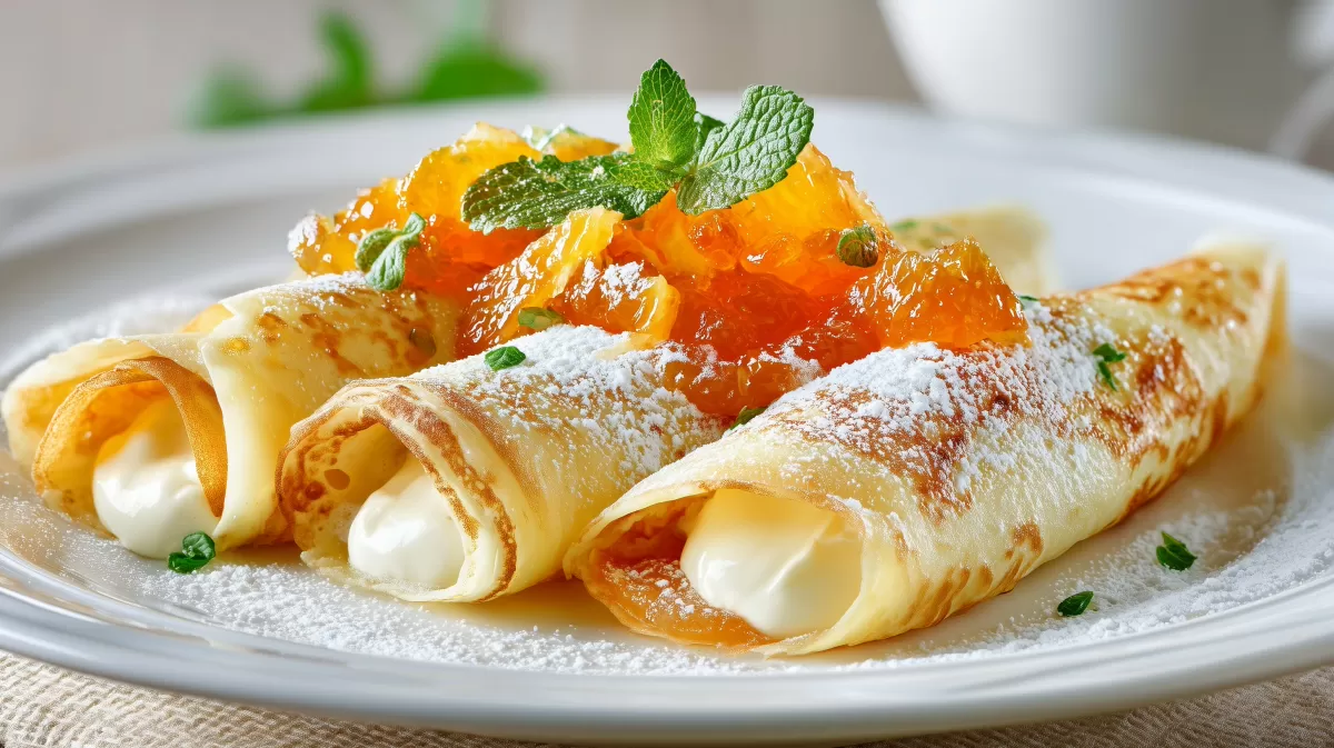 Palatschinken mit Zitronen Topfencreme und Orangen Ragou