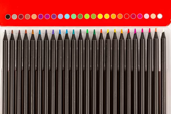 Palette of color pencils, view from above
