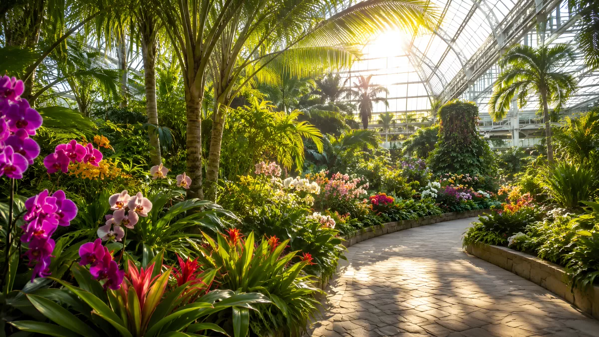 Palmen und Orchideen im Tropengewächshaus