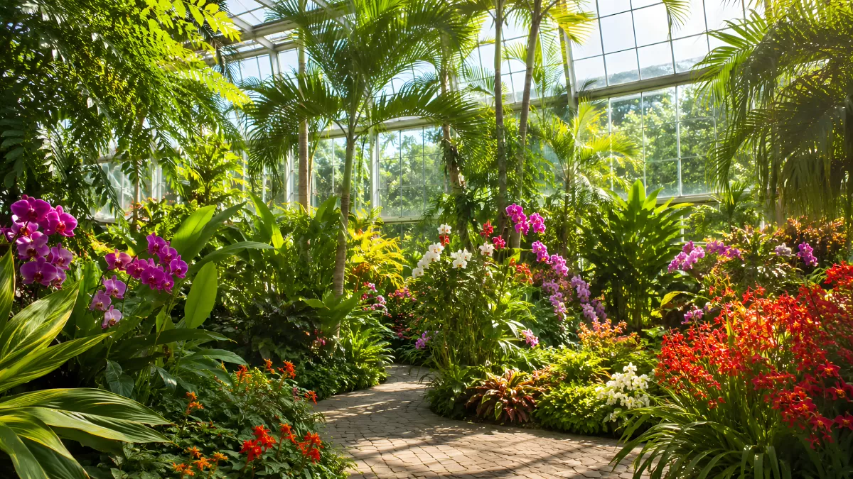 Palmen und Orchideen im tropischen Gewächshaus