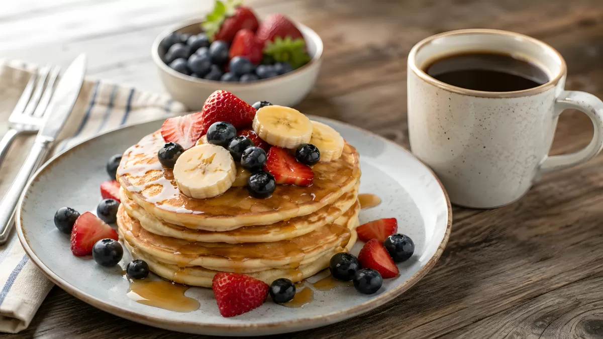 Pancake-Stapel mit Beeren, Banane und Ahornsirup