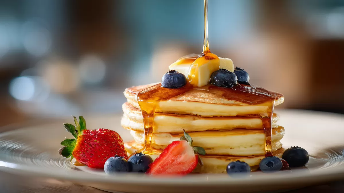 Pancakes mit Ahornsirup, Beeren und Butter