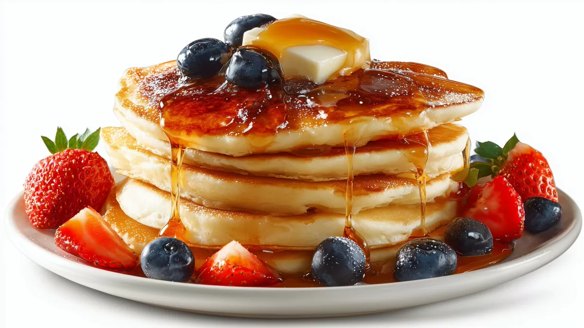 Pancakes mit Ahornsirup, Butter und frischen Beeren