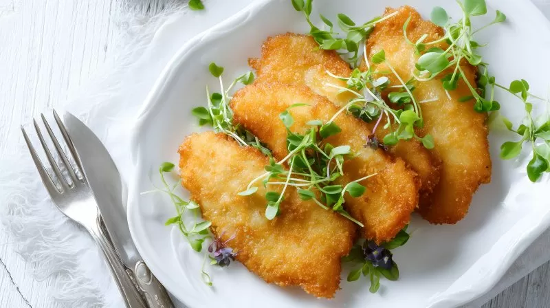 Panierte Fischfilets mit Microgreens