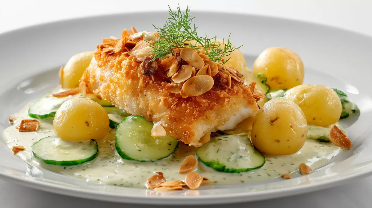 Panierter Fisch mit Senfsauce und Mandelblättchen