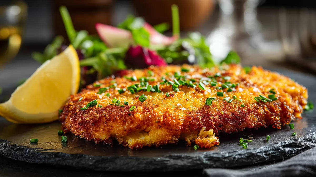 Paniertes Blumenkohl Schnitzel auf Schieferplatte