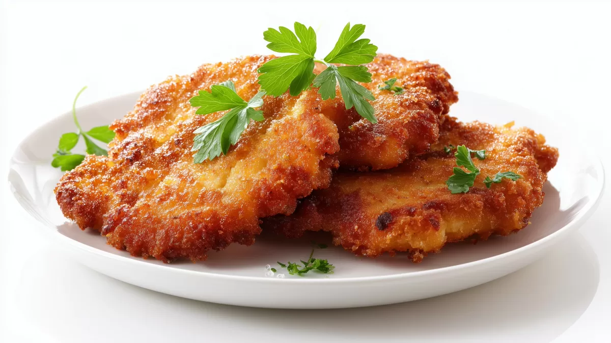 Paniertes Blumenkohl Schnitzel goldbraun auf Teller