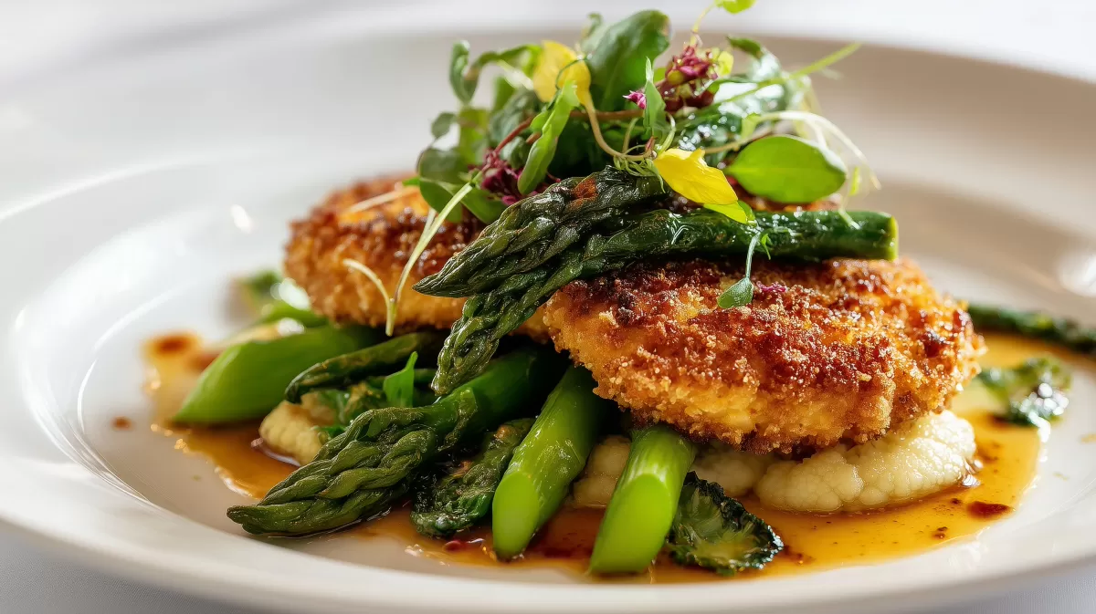 Paniertes Blumenkohlschnitzel mit grünem Spargel