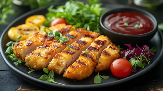 Paniertes Hähnchen-Katsu mit Gemüsesalat und Tomatendip