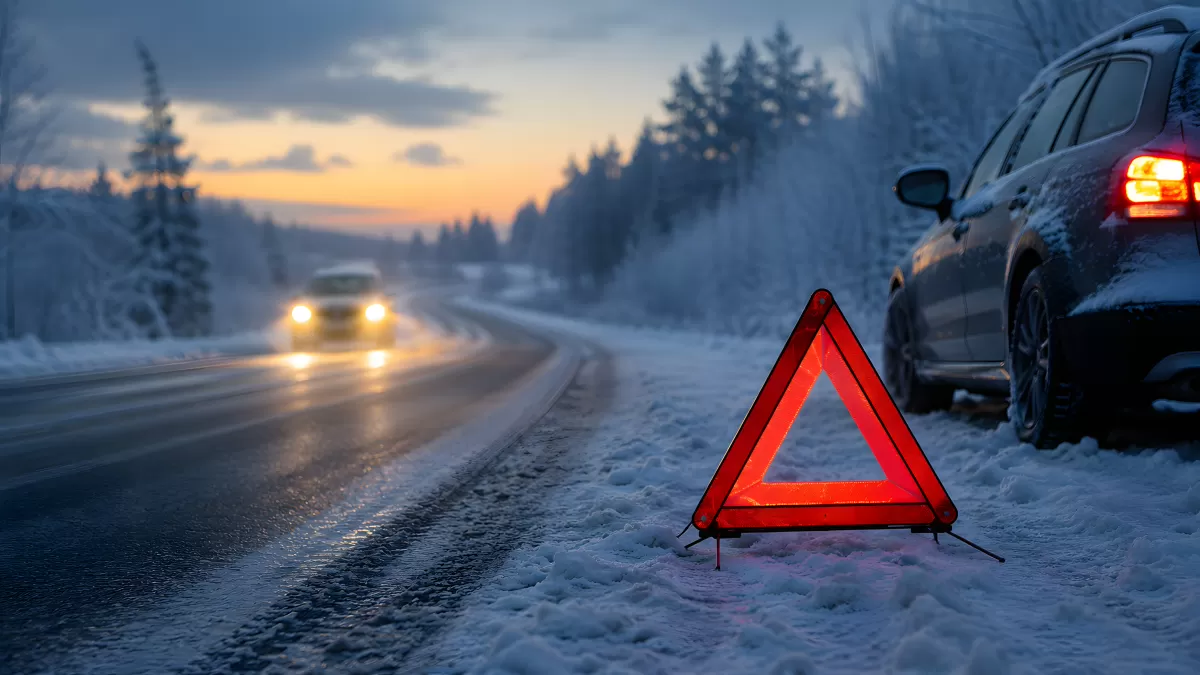 Pannenwarndreieck auf winterlicher Straße bei Dämmerung