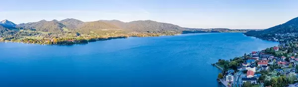Panorama picture of Lake Tegernsee in the Bavarian Alps between the towns of Tegernsee and Bad Wiessee on the shores