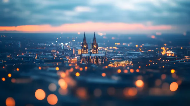 Panoramablick auf den Kölner Dom bei Dämmerung