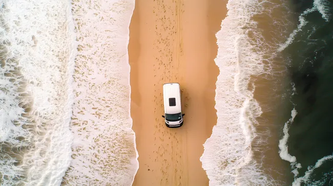 Panoramablick auf einsamen Strandwagen an der Küste