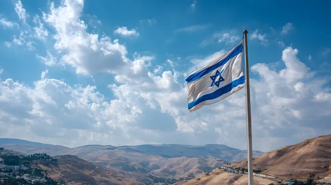 Panoramablick über israelische Hügellandschaft mit Staatsflagge