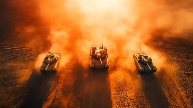 Panzer in der Wüste bei Sonnenuntergang