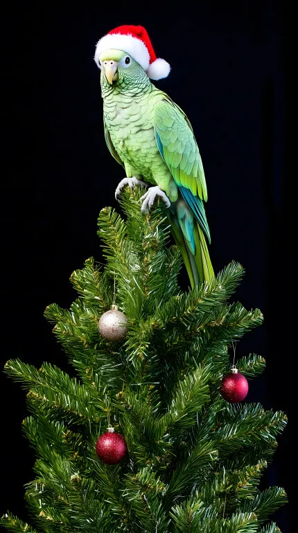 Papagei mit Weihnachtsmütze auf Weihnachtsbaum