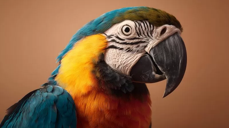 Papageienporträt mit beige Hintergrund und ausdrucksstarkem Blick