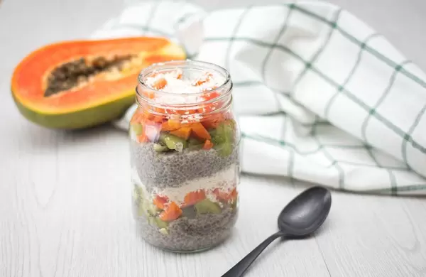 Papaya and Kiwi Chia Pudding with Grated Coconut