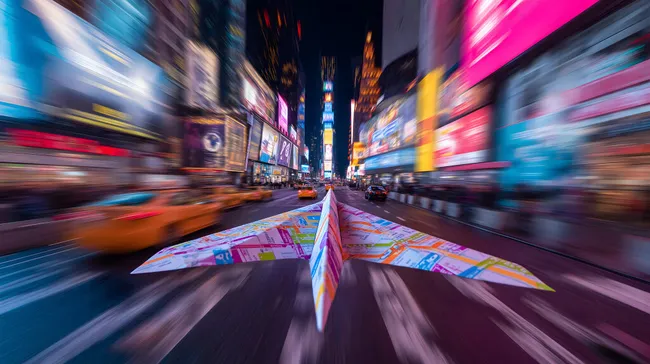 Papierflieger in der bunten Nachtbeleuchtung von Times Square