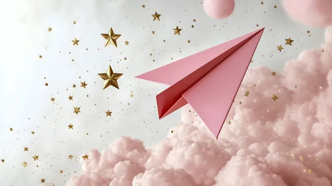 Papierflieger und Sterne vor Wolkenhimmel