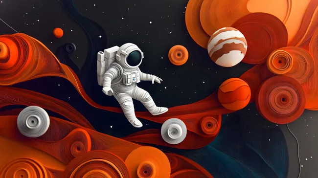 Papierkunst-Astronaut schwebt durch kosmische Landschaft