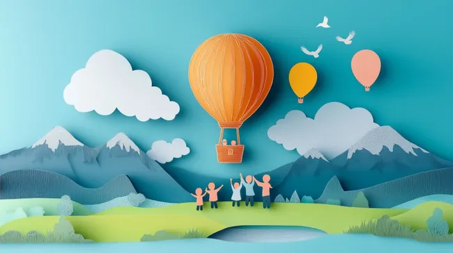 Papierkunst: Ballonfahrt über Berge und Täler