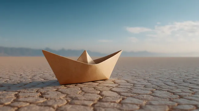 Papierschiff auf verlassener Wüstenoase - Symbol für Hoffnung