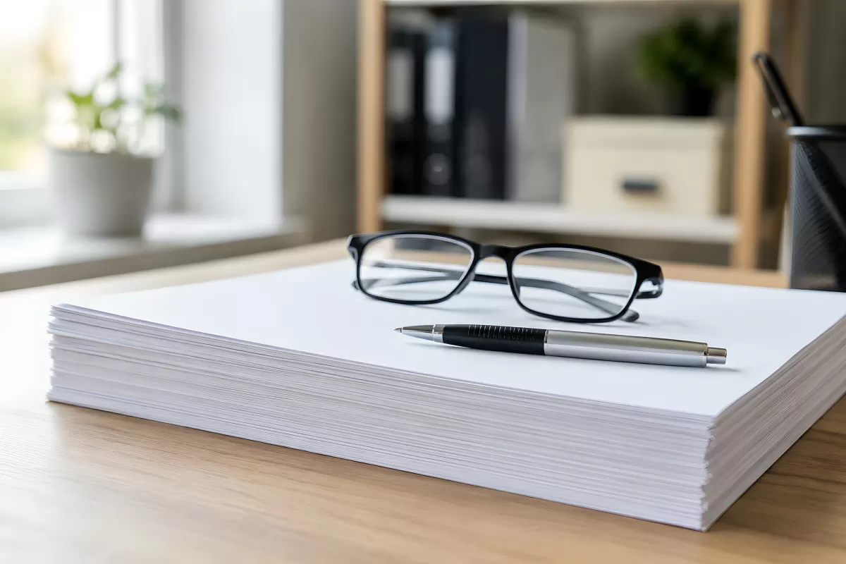 Papierstapel mit Brille und Kugelschreiber auf Schreibtisch