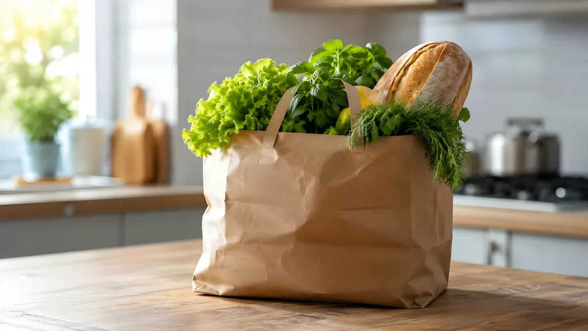 Papiertüte mit frischem Gemüse und Brot auf Holztisch