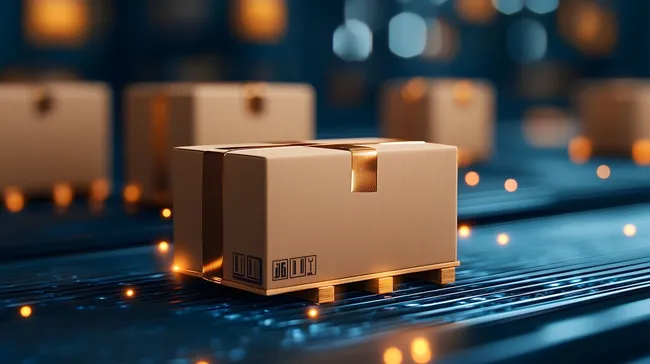 Pappkartons auf moderner Logistikplattform im Lager