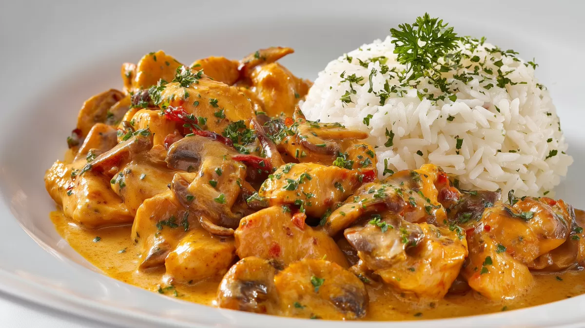 Paprika Rahm Hühnergeschnetzeltes mit Reis