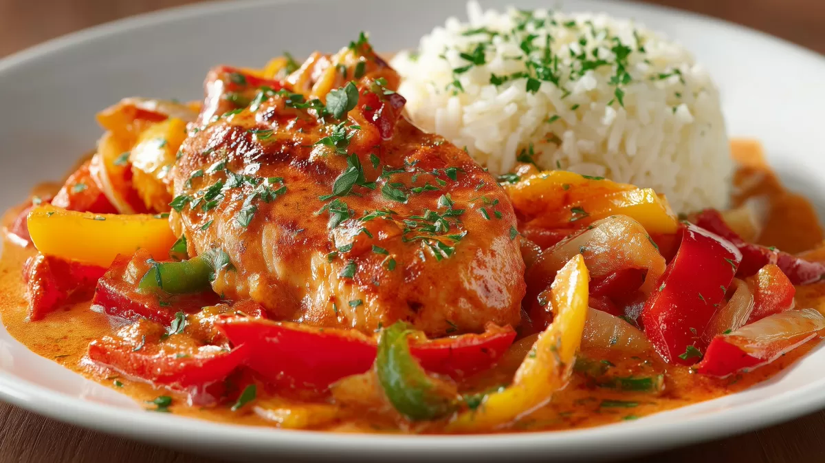 Paprika Sahne Hähnchen mit Reis auf weißem Teller