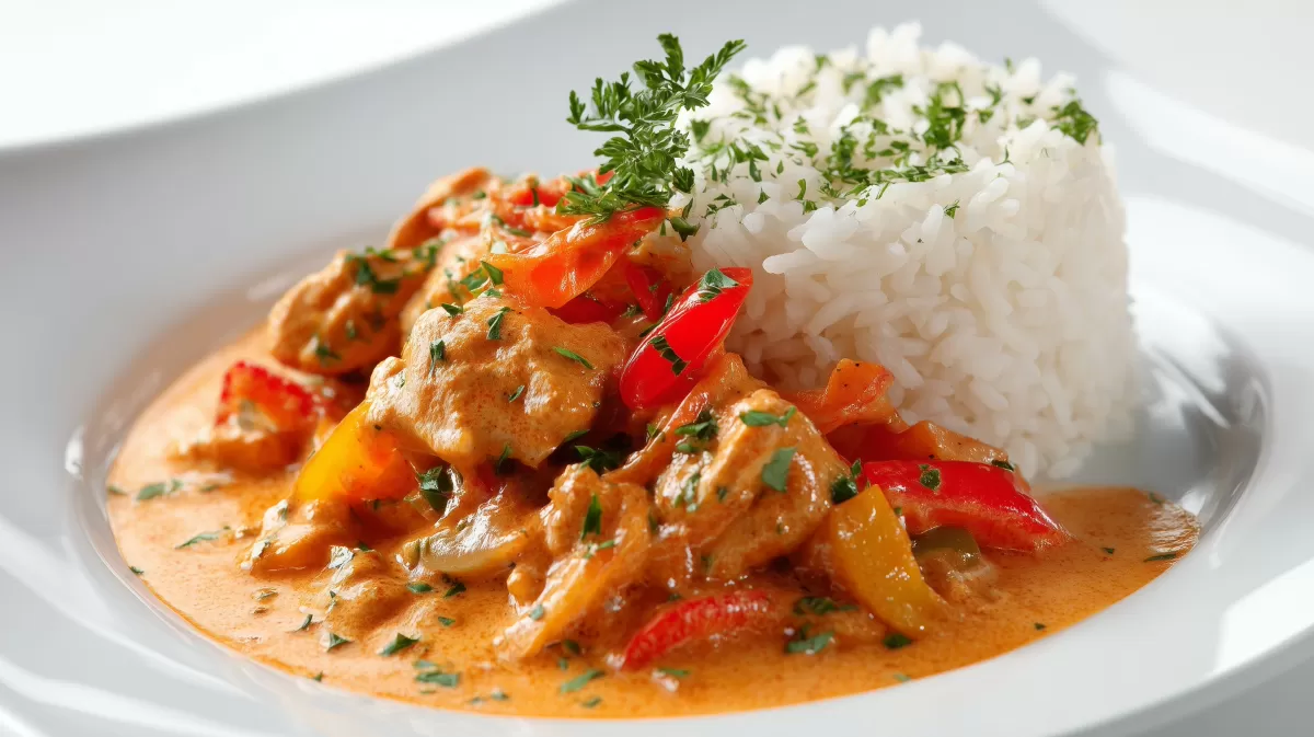 Paprika Sahne Hühnchen mit Reis auf weißem Teller