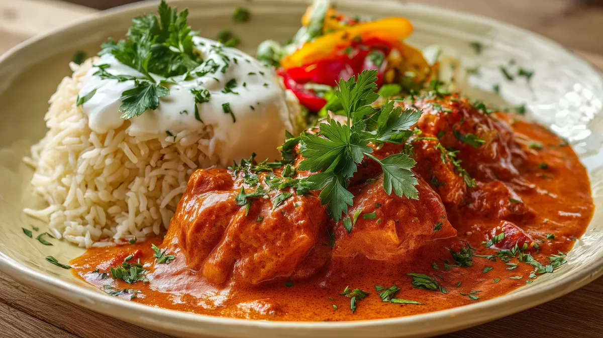 Paprikahähnchen mit Reis und frischer Petersilie