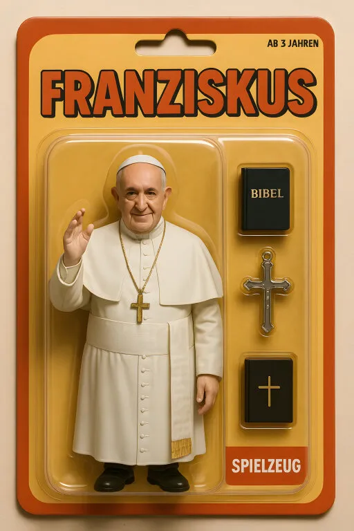 Papst-Figur mit Bibel und Kreuz auf Verkaufskarton