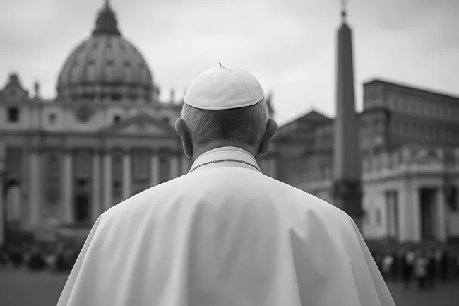 Papst in weißem Gewand vor dem Petersdom