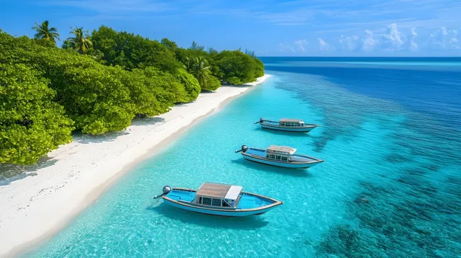 Paradiesische Inselkulisse mit türkisfarbenem Meer und Booten