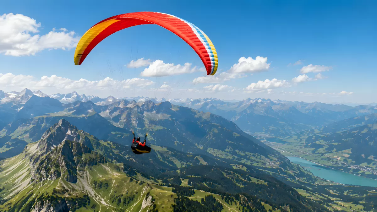 Paraglider über alpiner Berglandschaft im Sommer
