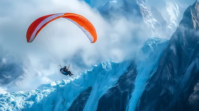 Paraglider über dramatischer Bergszenerie mit Wolken