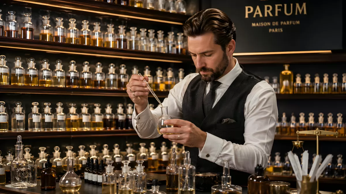 Parfümeur mischt Düfte in Pariser Maison de Parfum