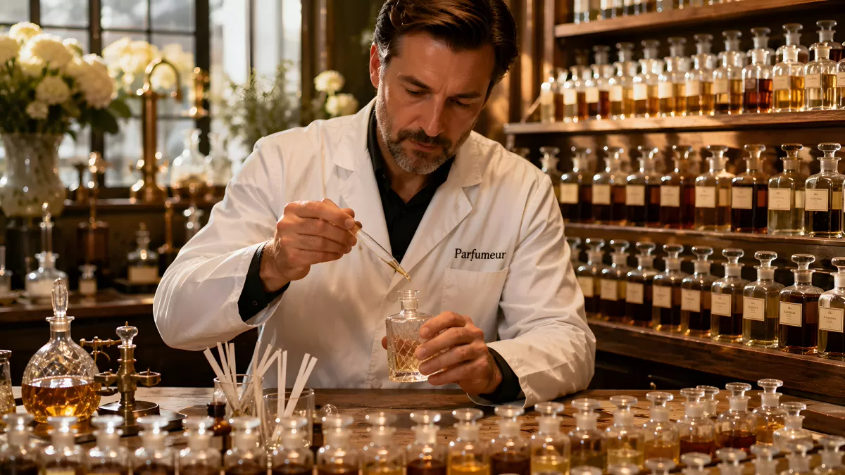 Parfumeur mischt ätherische Öle in edlem Atelier