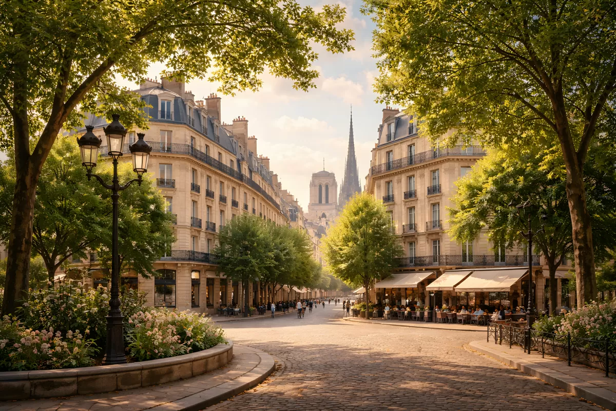 Pariser Straße mit Kopfsteinpflaster und Notre-Dame