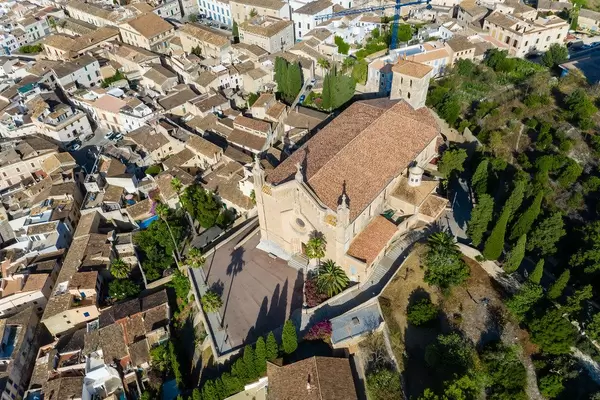 Parish church Transfiguració del Senyor in Artà, Majorca. Aerial view surrounded by houses and trees