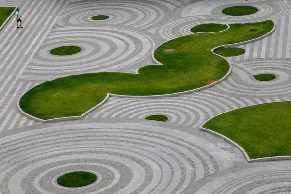 Park with oddly shaped green areas not far away from Lubyanka Square