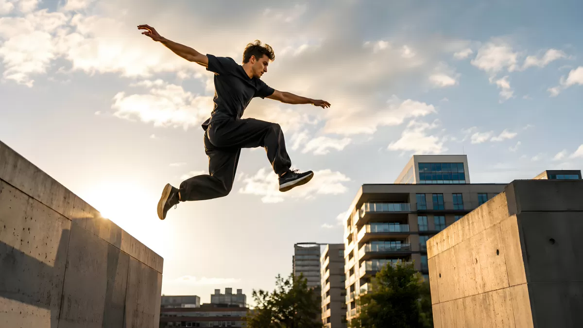 Parkour-Sprung zwischen Betonmauern in der Stadt